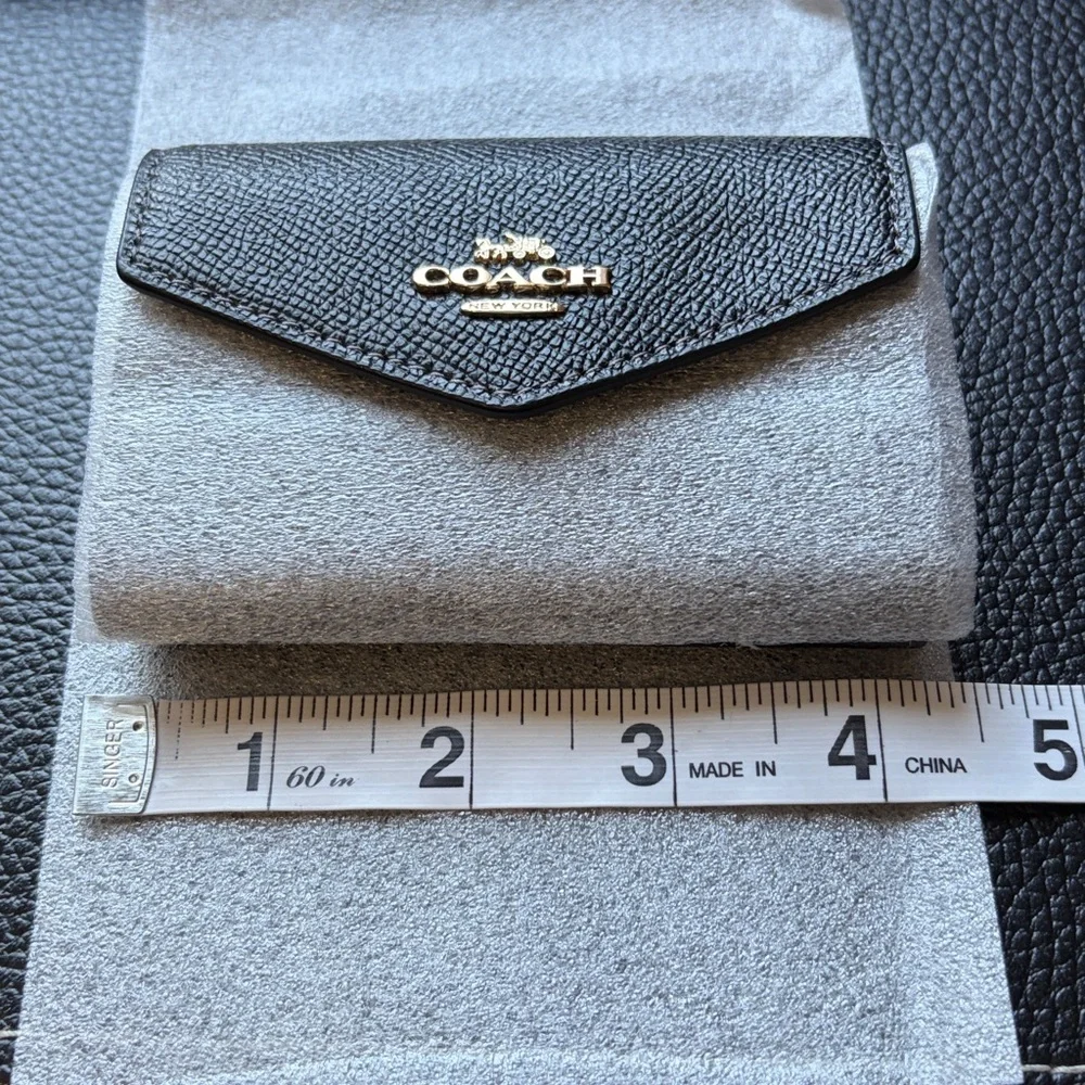 Coach Leather Flap Card Case snap closure Black Wallet Compact Small NEW